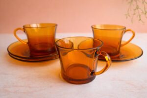 Vintage Duralex Frankrijk - 3 Amberkleurige Kop & Schotels